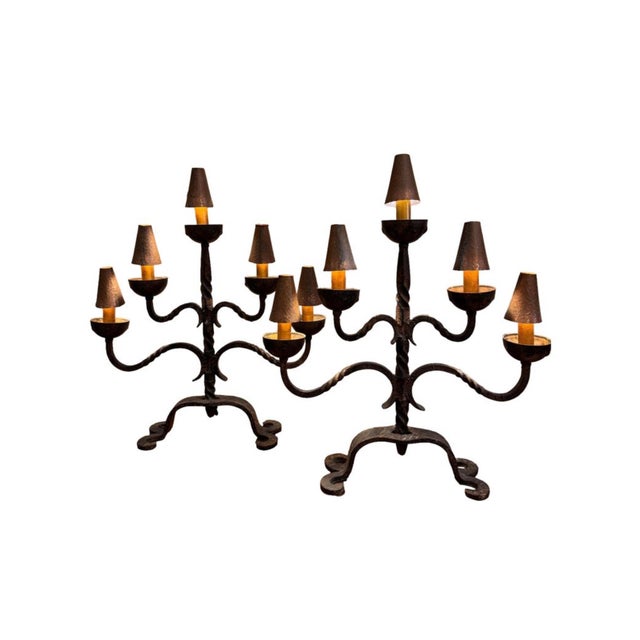 1940s French Wrought Iron Table Lamps with Copper Shades, 1940s, Set of 2 For Sale - Image 5 of 5