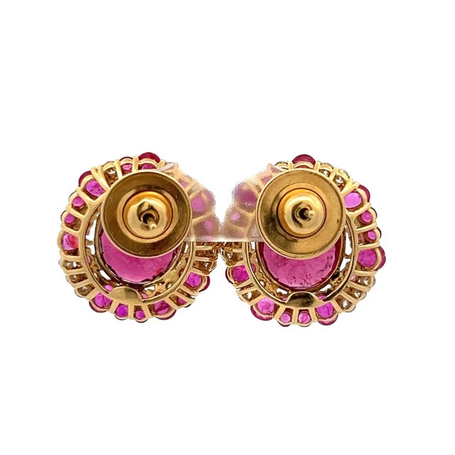Metal Vintage Italian 18k Gold Pink Tourmaline Ruby Sapphire Diamond Cluster Earrings For Sale - Image 7 of 15