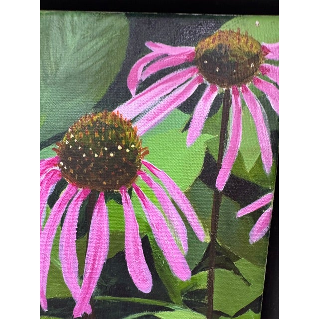 Purple Cornflower 2021 Acrylic on Canvas 9 x 9 in. (framed) A vibrant botanical painting depicting purple cornflowers in...