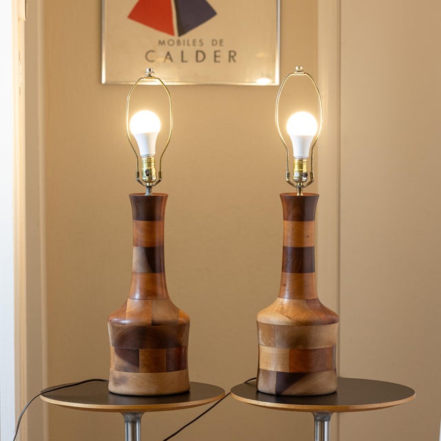 Mid-Century Modern Vintage 1970s Segmented Wood Table Lamps in Walnut, Cherry, and Maple - A Pair For Sale - Image 3 of 14