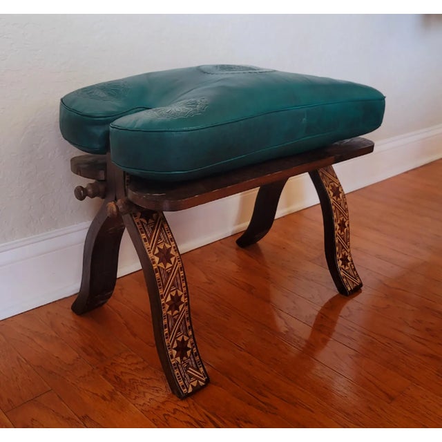 Green Handcrafted Moroccan Camel Saddle, Genuine Leather Cushion Stool / Emerald Green For Sale - Image 8 of 10