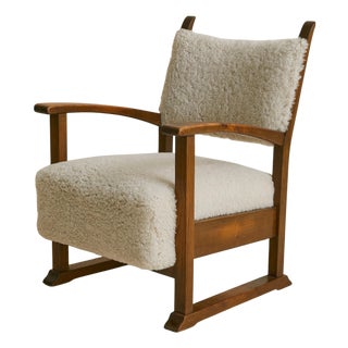 Danish Oak Armchair with Lambskin Upholstery, 1940s - 2 Available For Sale
