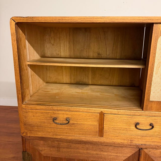 Japanese Vintage Japanese Tansu Chest Stacking Cabinet With Fan Motif Sliding Doors For Sale - Image 3 of 18