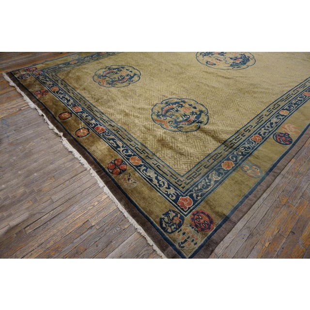 Exceptional Beige Background Color and Blue Border With Animalia Pattern Antique Chinese Rug For Sale - Image 4 of 12