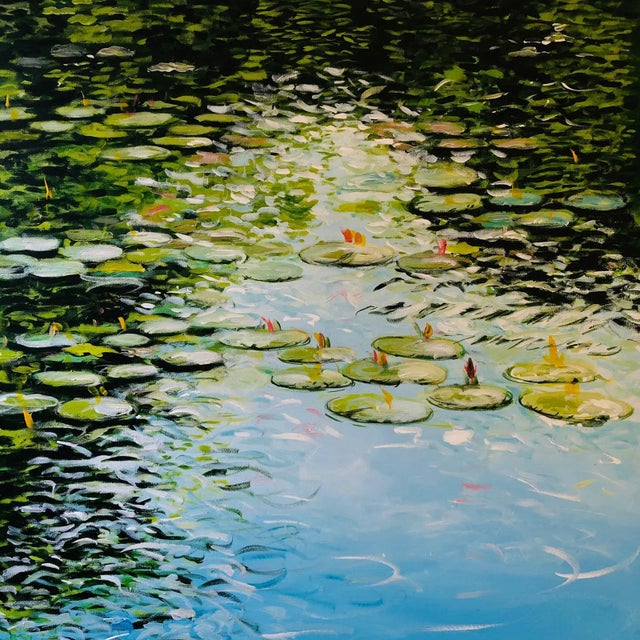 "Lilies in Green" Contemporary Botanical Acrylic Painting For Sale