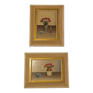 Original Vintage Pair of Miniature Still Life V. Weley Paintings