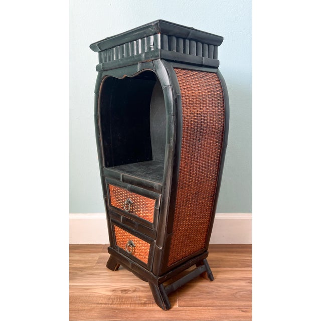 Black Vintage Ebonized Black Bamboo & Woven Rattan Two-Drawer Cabinet – Chinoiserie / British Colonial For Sale - Image 8 of 13