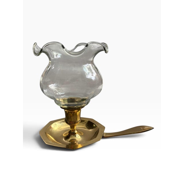 Hollywood Regency Vintage Brass Chamberstick Candle Holder With Ruffled Glass Hurricane Shade For Sale - Image 3 of 5