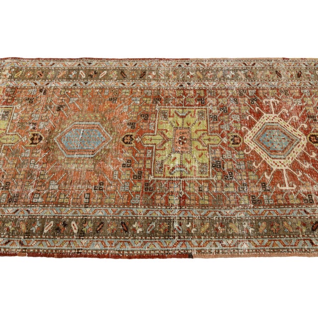 1920s Antique Heriz Runner Rug With Distressed Terracotta and Sage Patina 3x10 For Sale - Image 5 of 9