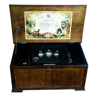 19th Century Swiss Cylinder Music Box with Three Bells in Walnut Case For Sale