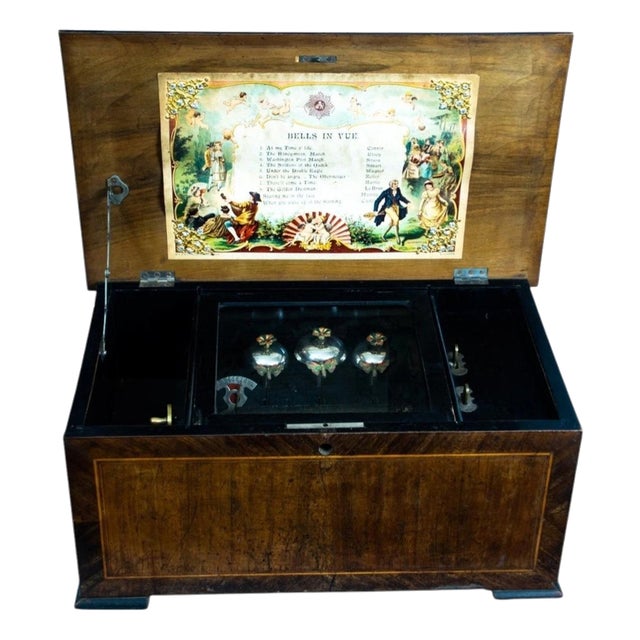 19th Century Swiss Cylinder Music Box with Three Bells in Walnut Case For Sale