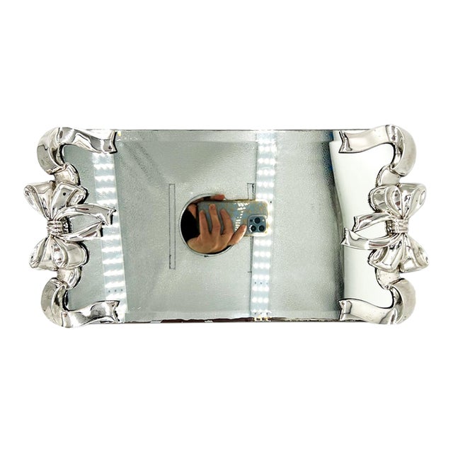 1980s Godinger Silver-Plated Bow & Ribbon Mirrored Vanity Tray — Hollywood Regency / Traditional / Shabby Chic For Sale