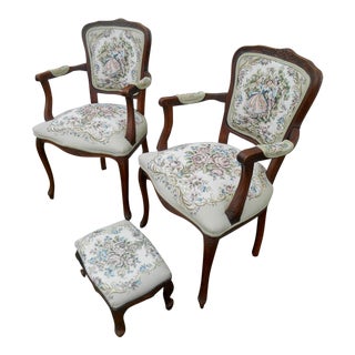 Vintage French Provincial Louis XVI Carved Fauteuils with Ottoman - Set of 3 For Sale