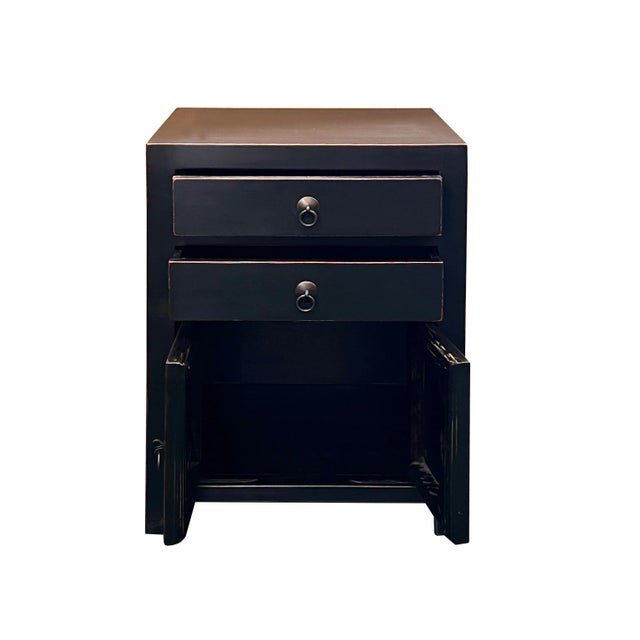 Chinese Chinese Oriental Distressed Black 2 Drawers End Table Nightstand For Sale - Image 3 of 6