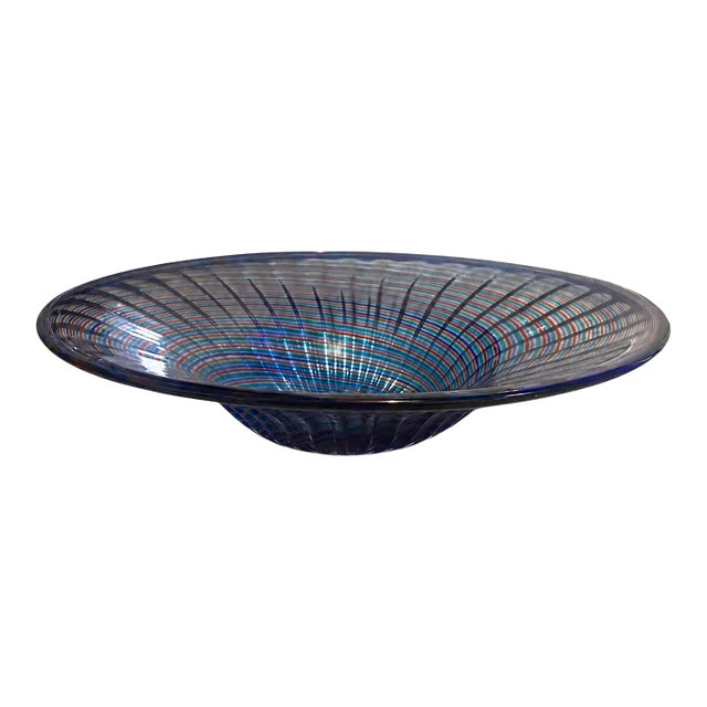 Signed Stefano Toso Murano Art Glass Swirl Centerpiece Bowl - Handblown Blue, Red and Aqua Spiral Bowl For Sale