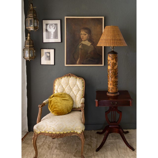 This Belgian 19th-century wooden wallpaper roll was converted into a lamp sometime in the mid-20th century. It features a...