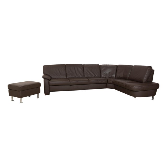 Brown Leather Corner Sofa and Ottoman with Storage Space from Hukla, Set of 2 For Sale