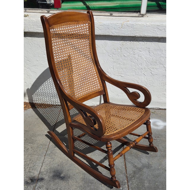 Victorian Antique 1870s Cherry Lincoln Rocking Chair Cane Seat & Back For Sale - Image 3 of 6