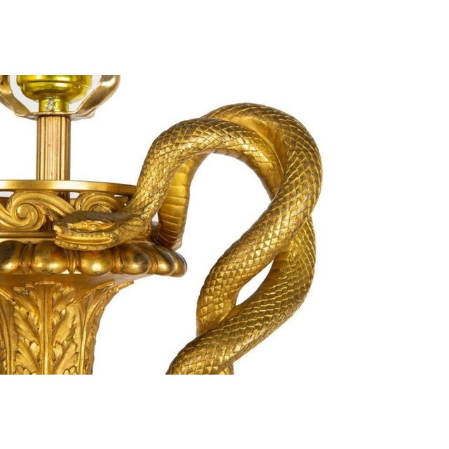 Gemstone Pair of French Louis XVI Gilt Bronze Lamps With Snake Handles Circa 1870 For Sale - Image 7 of 12