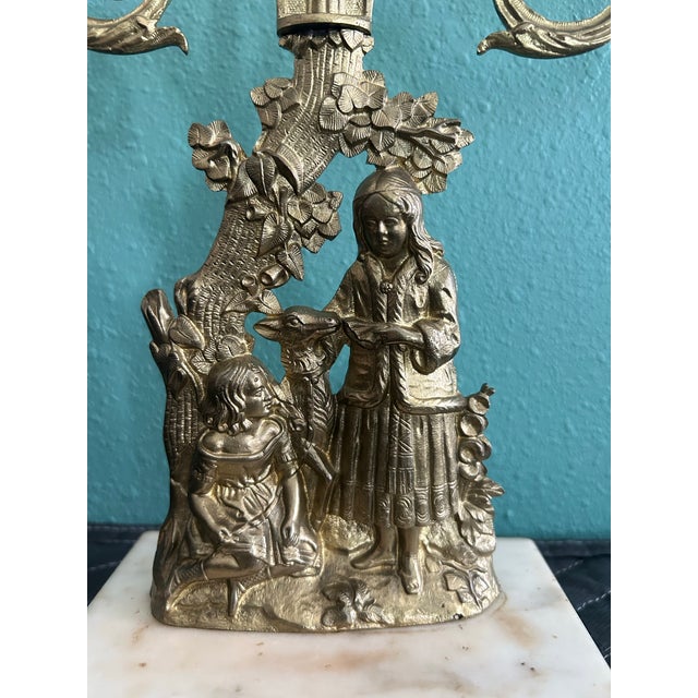 Victorian Antique Victorian Brass Figural Girandole Candelabra c.1850-1870 Marble Base For Sale - Image 3 of 9