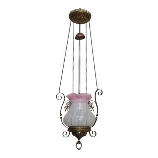 Antique Opaline Glass Oil Lantern Pendant Light Fixture For Sale