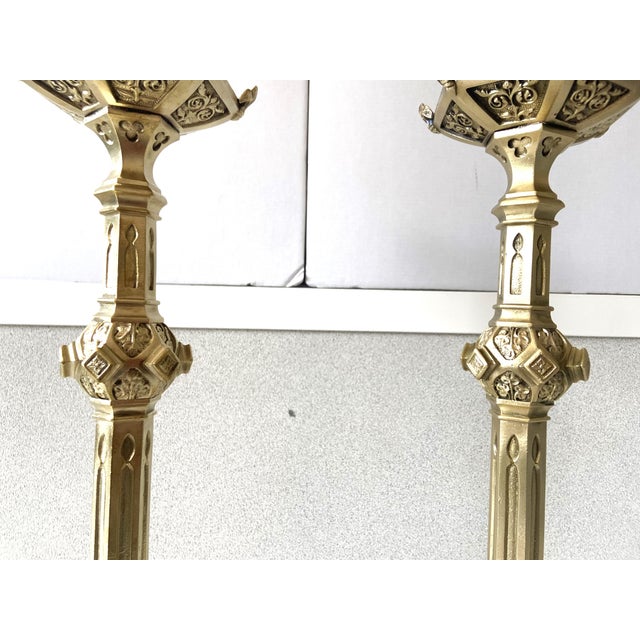 Antique Neo-Gothic Gilt Bronze Candlesticks, Set of 2 For Sale - Image 9 of 14