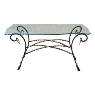 Vintage Italian Maitland Smith Style Scalloped Glass Top Iron Rope Hoof Foot Gold Console Table For Sale