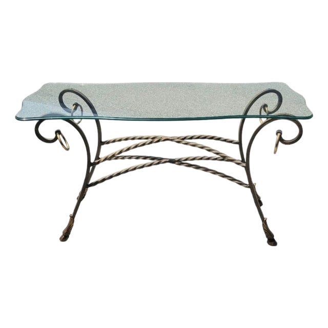 Vintage Italian Maitland Smith Style Scalloped Glass Top Iron Rope Hoof Foot Gold Console Table For Sale