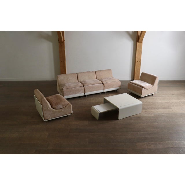 Beautiful modular sofa model orbis, in original salmon/light pink corduroy, white lacquered wooden frame and chrome...