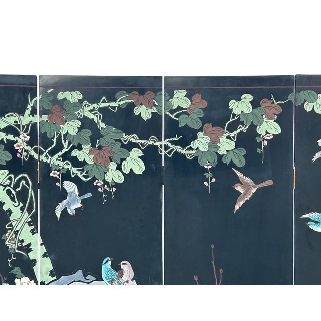 Chinese Black Base Color Flower Birds Graphic Floor Screen Divider For Sale - Image 13 of 16