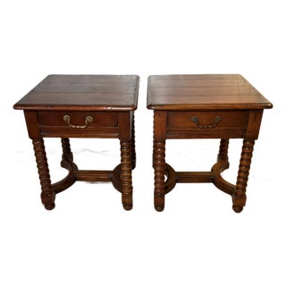Set of 2 Solid Wood Bobbin Spindle Spool Side Tables For Sale