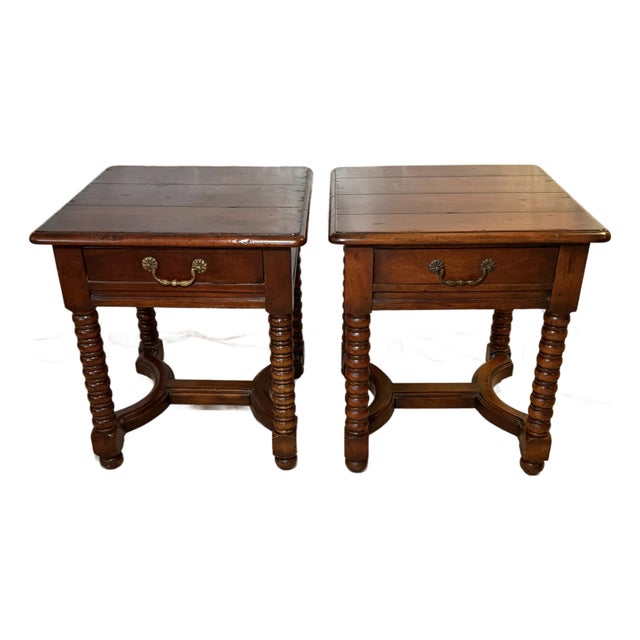 Set of 2 Solid Wood Bobbin Spindle Spool Side Tables For Sale