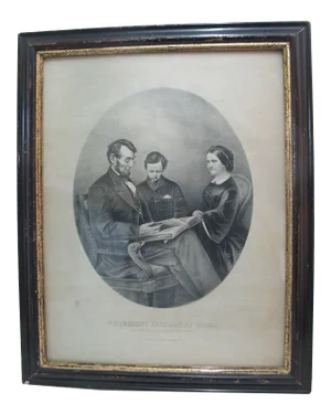 Currier & Ives Lincoln at Home Reading Scriptures to Wife & Son Steel Engraving