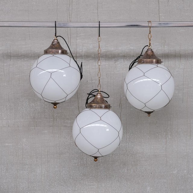 White Mid-Century Caged Pendant in Opaline and Brass For Sale - Image 8 of 9