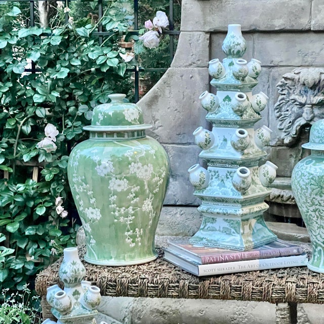 Large Celadon Green Cherry Blossom Ginger Jar – Hand Painted Chinoiserie Porcelain Lidded Vase For Sale - Image 12 of 12