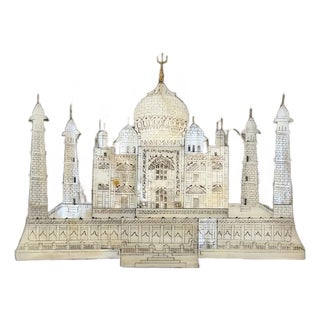 Vintage Inlaid Mother of Pearl Taj Mahal Plaque Wall Art, Deep Wood Frame 5.5x7” For Sale