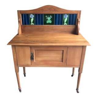 Vintage French Country Pine Washstand With Majolica Tile Back For Sale