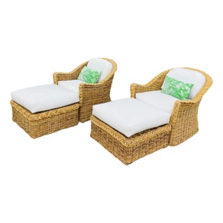 Vintage Rattan Chairs & Ottomans, Wicker Works Style Braided Trim and New Sunbrella Upholstery - 4 Pieces For Sale