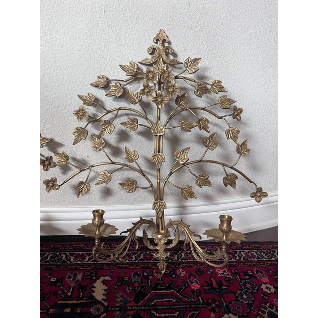Pair of Hollywood Regency Style Brass and Metal Wall Sconce, Candlestick Holder, Vine Leaves Design, Candelabra For Sale - Image 4 of 12