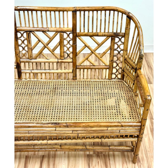 Vintage Brighton Pavilion Style Chippendale Bamboo Caned Seat Bench Settee For Sale - Image 11 of 11
