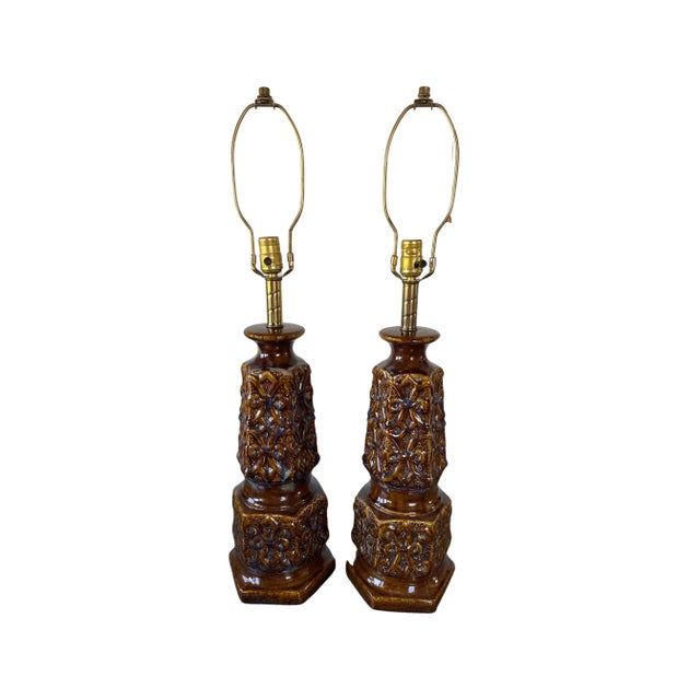 Vintage Large Ceramic Brown Drip-Glazed Retro Pottery Table Lamps - a Pair For Sale - Image 13 of 13