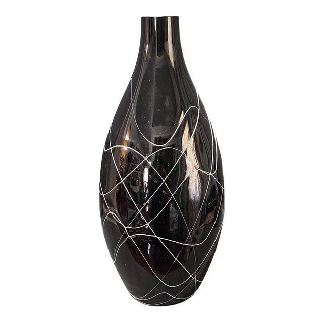 Mid Century Modern Art Glass Black & White Drip String Pattern Vase 19'' For Sale