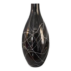 Mid Century Modern Art Glass Black & White Drip String Pattern Vase 19''