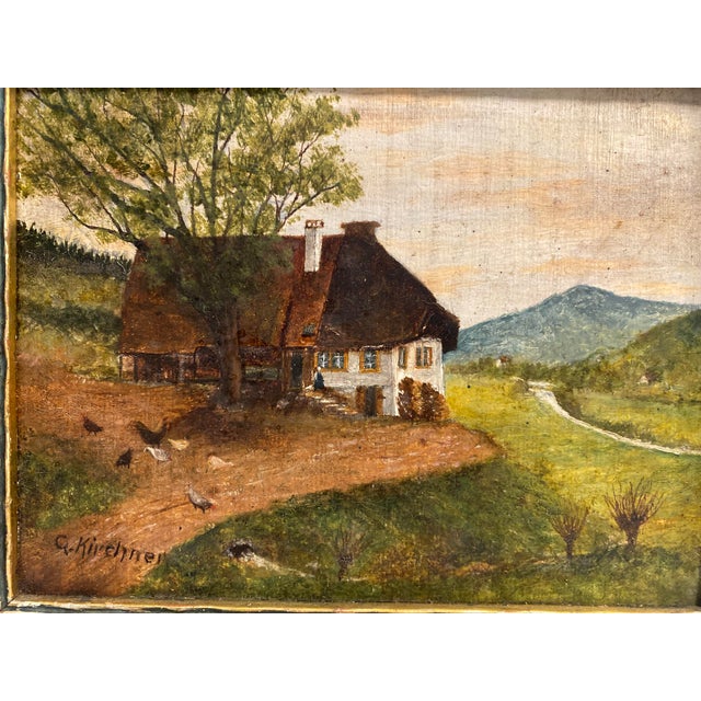 Charming small vintage landscape painting. Oil on panel measures 5 1/2” x 7” With original frame measures 7” x 9”. Signed...