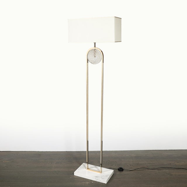 Mid-Century Brass Arch Floor Lamp W/ Textured Glass Medallion & White Marble For Sale In New York - Image 6 of 13