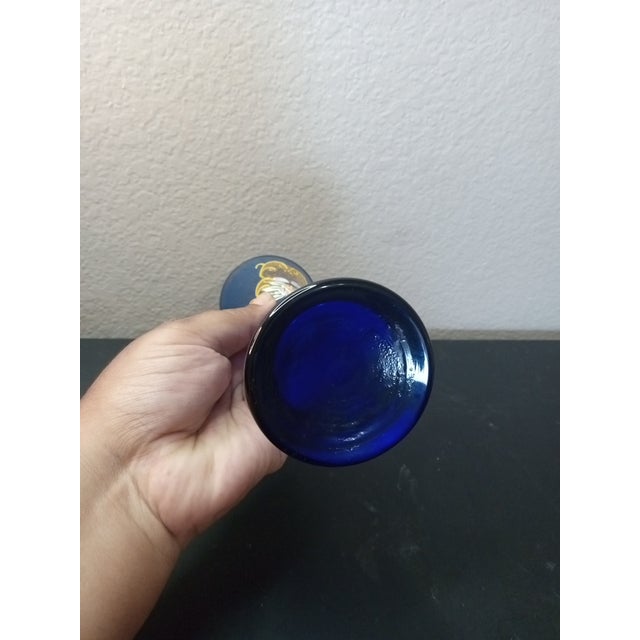 1970s Hand Painted Czech Bohemian Cobalt Blue Glass Bud Vase For Sale - Image 4 of 6