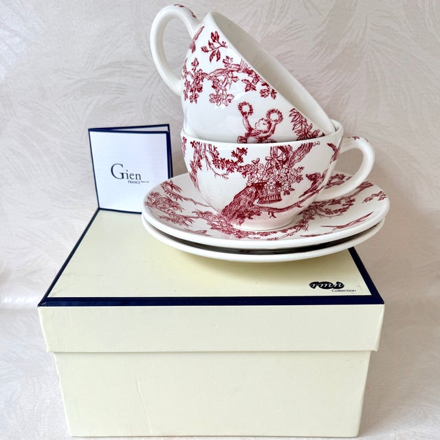 Gien France 2 Teacup & Saucer Sets with Box - Musée De La Toile De Jouy For Sale - Image 11 of 11