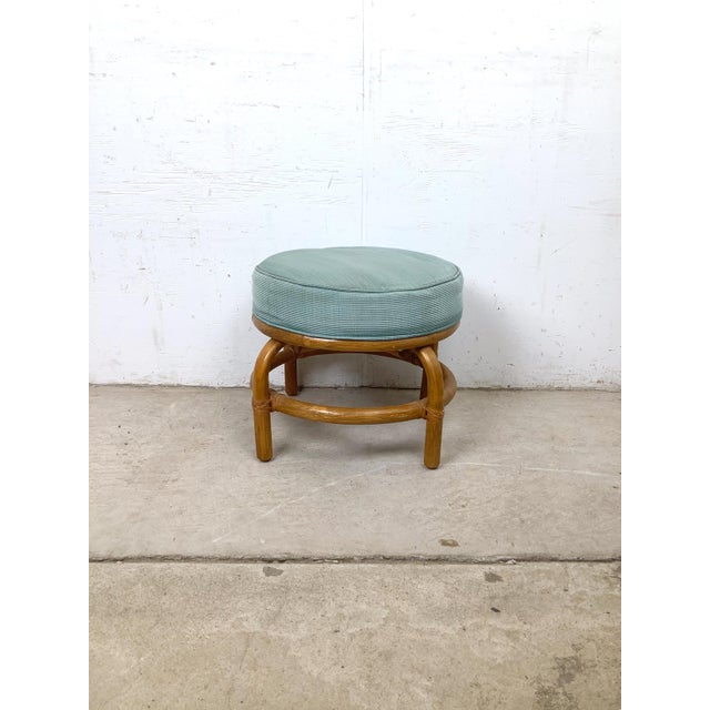 Tan Vintage Rattan Ottoman Footstool in Seafoam Green Upholstery For Sale - Image 8 of 10