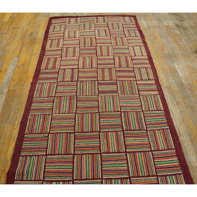 1930s Multicolor Checkerboard Folk Art Antique American Hooked Rug 3'2" X 10' 4" Carpet For Sale In New York - Image 6 of 14