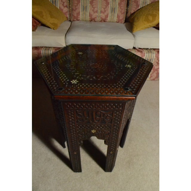 Vintage Authentic Hand Carved Moroccan Side Table Glass Mother of Pearl Inlay Beautiful Vintage Piece! Some Wear &...